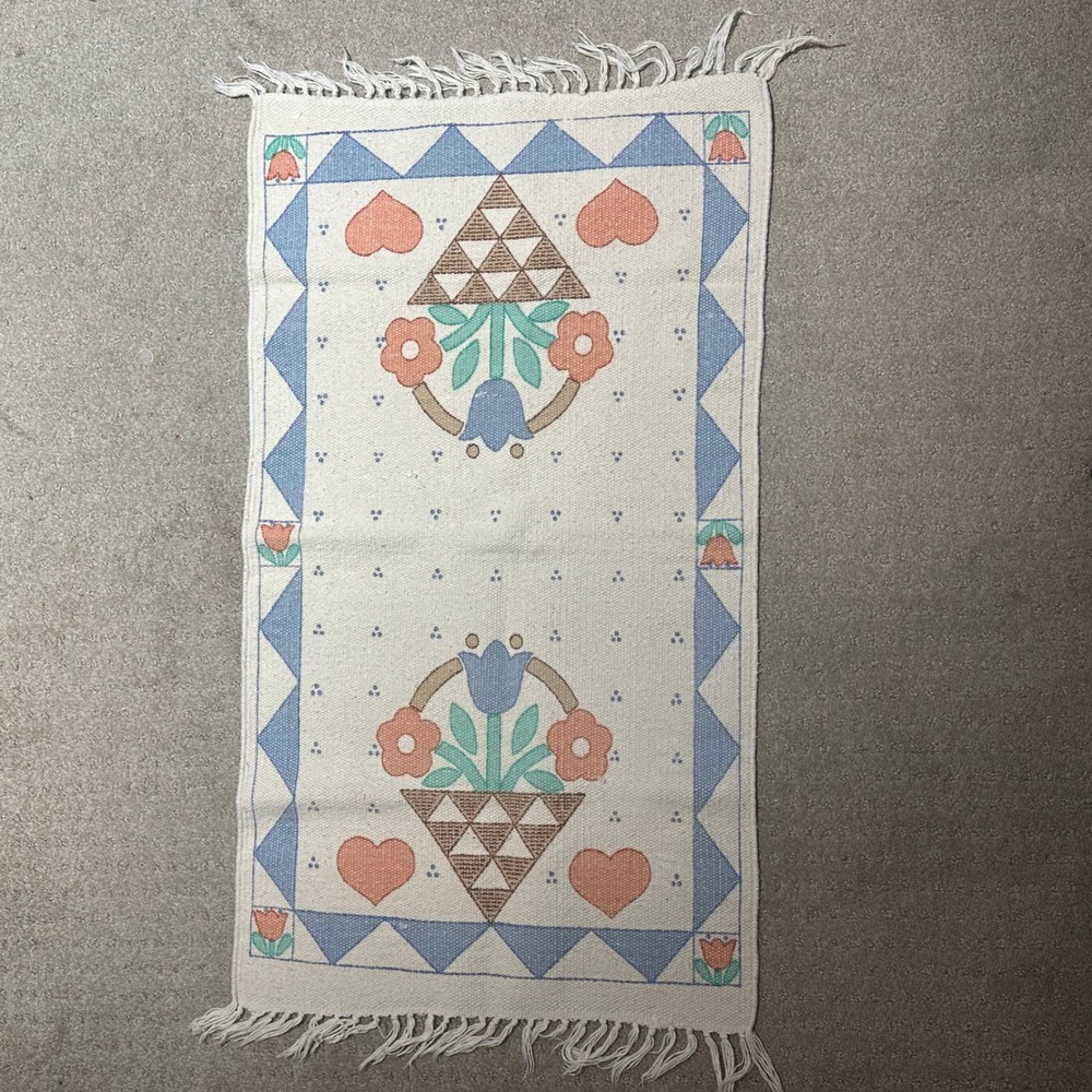 Vintage Folk Art Woven Cotton Table Runner Floral Heart Basket Blue Cream 19x36